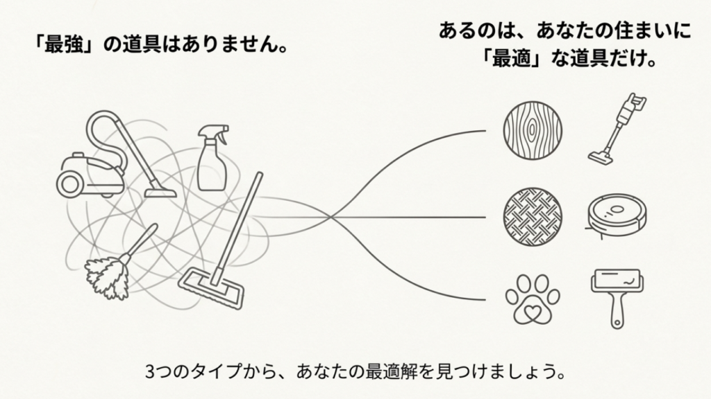 掃除機とほうきどっちを選ぶ?フローリング・カーペット・ペットの有無で決まる3つの最適解