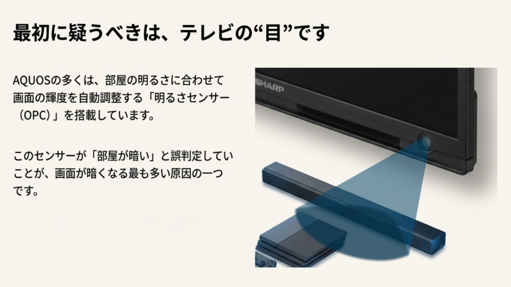 シャープAQUOSの明るさセンサー(OPC)の位置と誤判定の仕組み。右下などに置いた物が原因で画面が暗くなる様子。