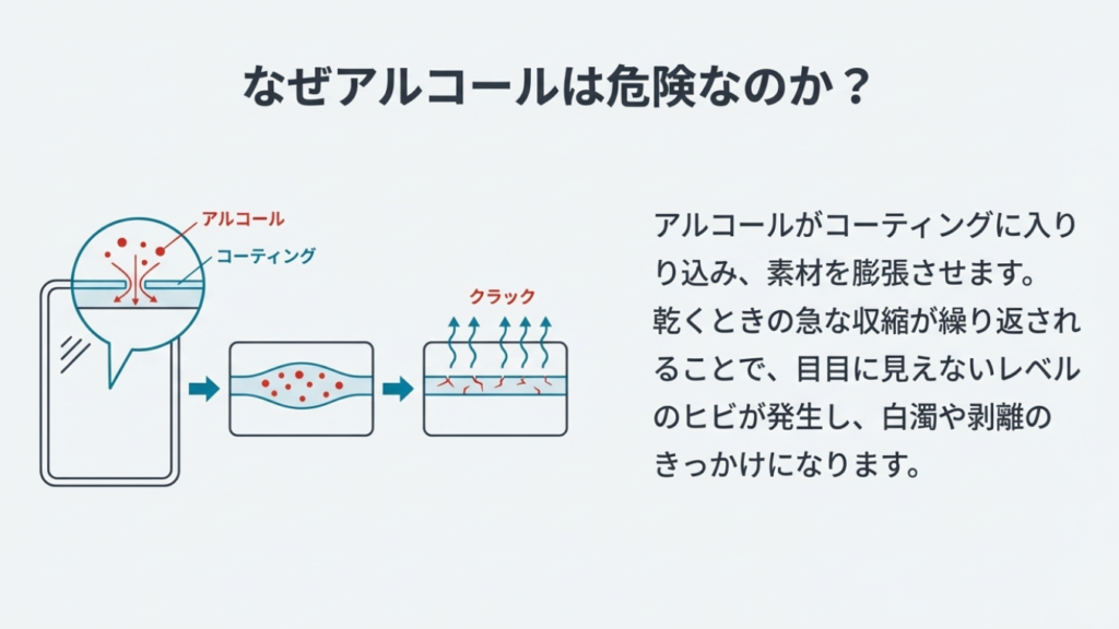 アルコールが液晶パネルのコーティング層に浸透し、膨張と収縮を繰り返すことで微細なクラック（ひび割れ）が発生し、白濁や剥離を引き起こすメカニズム