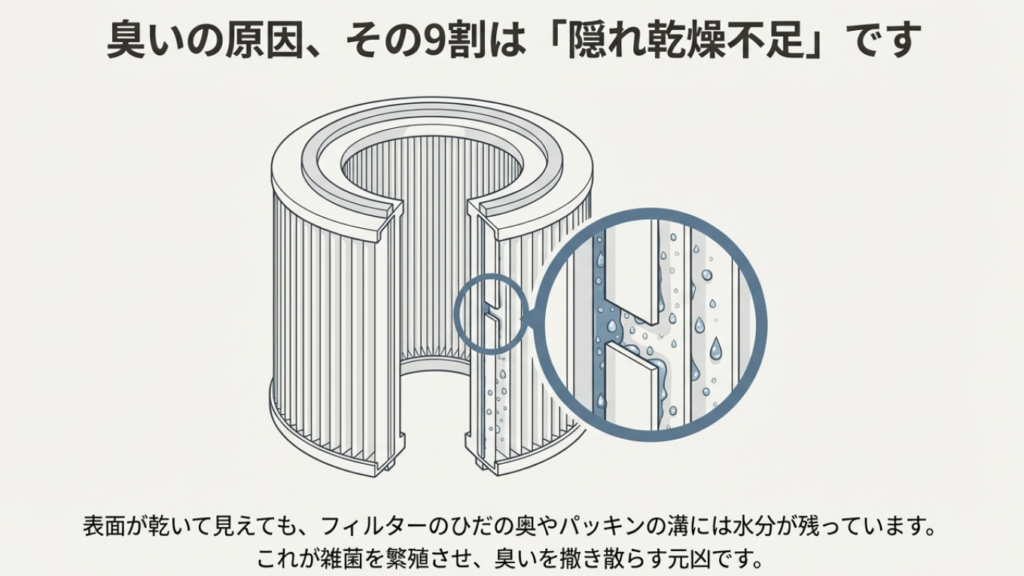 表面が乾いていても、フィルターのひだの奥やパッキンの溝に水分が残るメカニズムの図解