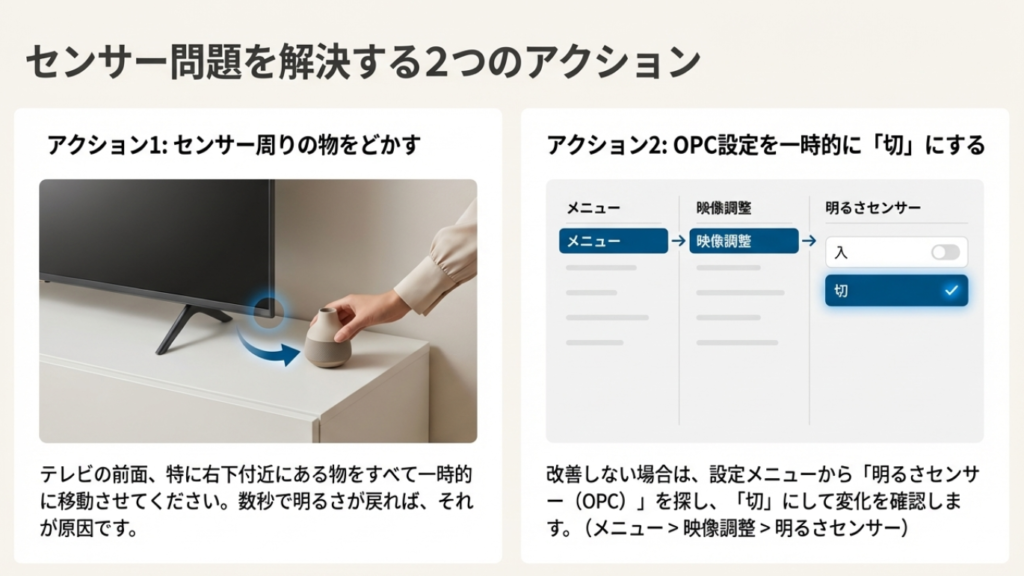 AQUOSの明るさセンサー設定を解除する方法。障害物をどかす手順と、メニューの映像調整からOPCを切にする手順。