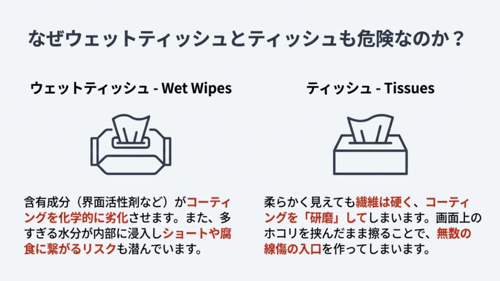 ウェットティッシュに含まれる界面活性剤による化学劣化リスクと、ティッシュペーパーの繊維による物理的な研磨・線傷リスクを解説した比較図