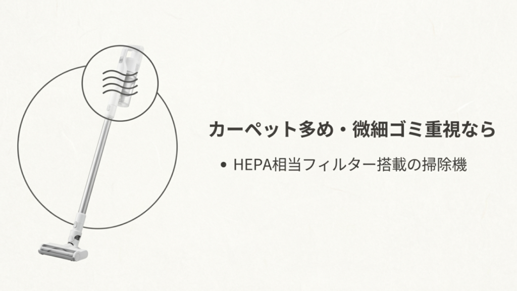 カーペットの微細なゴミやダニ対策にはHEPAフィルター搭載の掃除機が必須