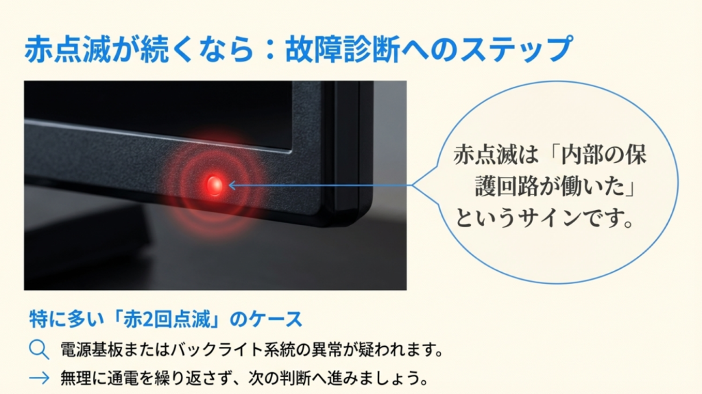 AQUOSの電源ランプが赤く2回点滅する場合、電源基板やバックライトの異常により保護回路が働いていることを示す診断図。