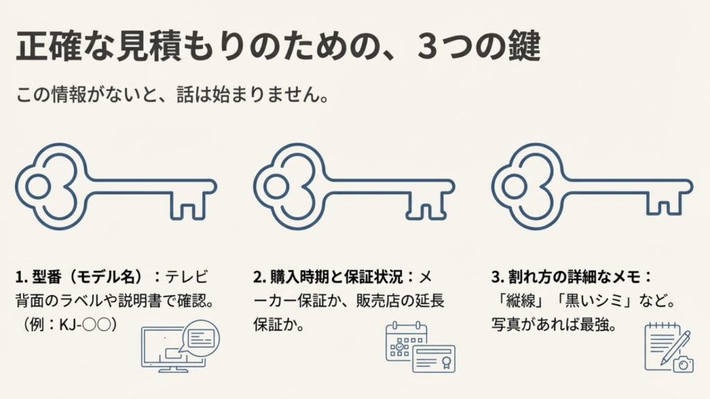 ソニーブラビアの修理見積もりをスムーズにする3つの情報。型番（モデル名）、購入時期と保証状況、画面割れの症状メモ。