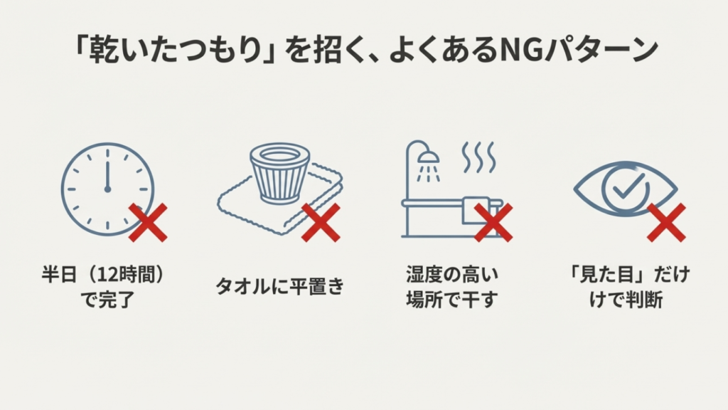 半日乾燥、平置き、高湿度、見た目判断など、掃除機フィルターの生乾きを招くよくある失敗例