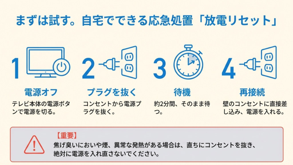 テレビの電源を切り、コンセントを抜いて2分間待機し、残留電荷を放電させてから再起動する手順の4ステップ図解
