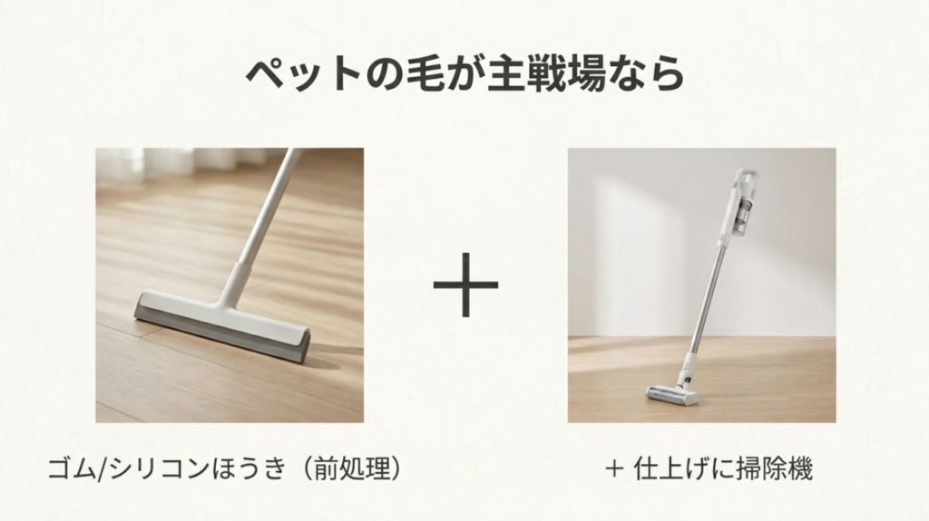 ペットの抜け毛対策にはゴム・シリコンほうきでの前処理と掃除機の併用が最強の解決策
