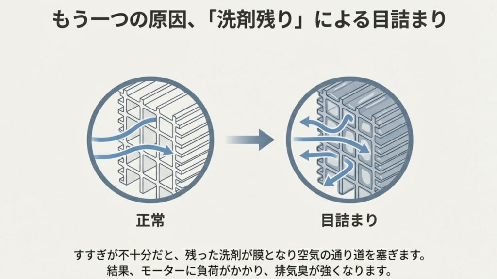 すすぎ不足で洗剤成分が膜になり、フィルターの通気を悪くして排気臭を強める仕組みの図解