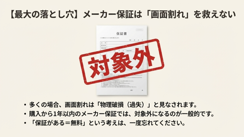 テレビの画面割れは物理破損（過失）扱いとなり、購入1年以内のメーカー保証でも無償修理の対象外になることが多いという注意喚起。