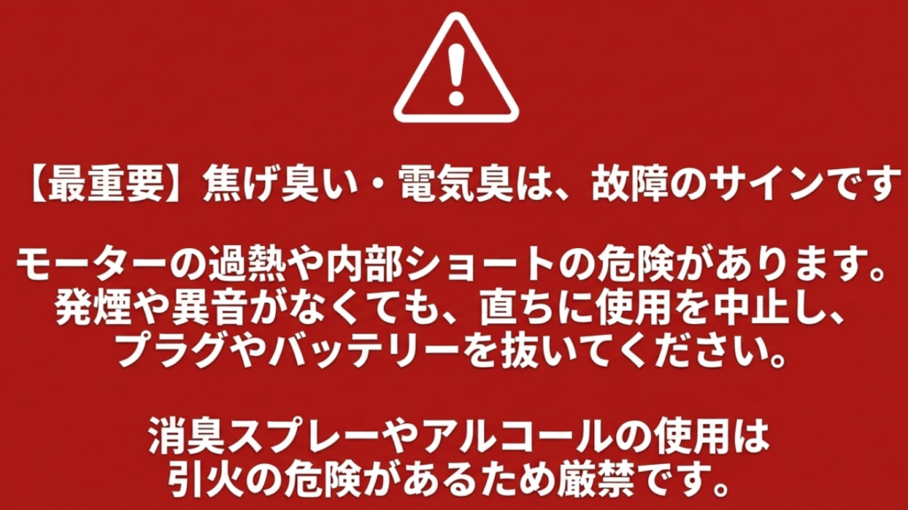 掃除機から焦げ臭いにおいがする場合は故障のサイン。スプレー厳禁・使用中止を促す警告画像