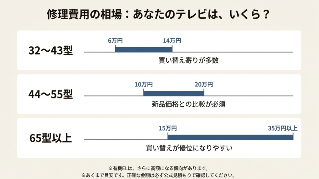 32型から65型以上までのテレビ画面割れ修理費用の相場グラフ。小型モデルは買い替え推奨、大型モデルは修理と要比較。