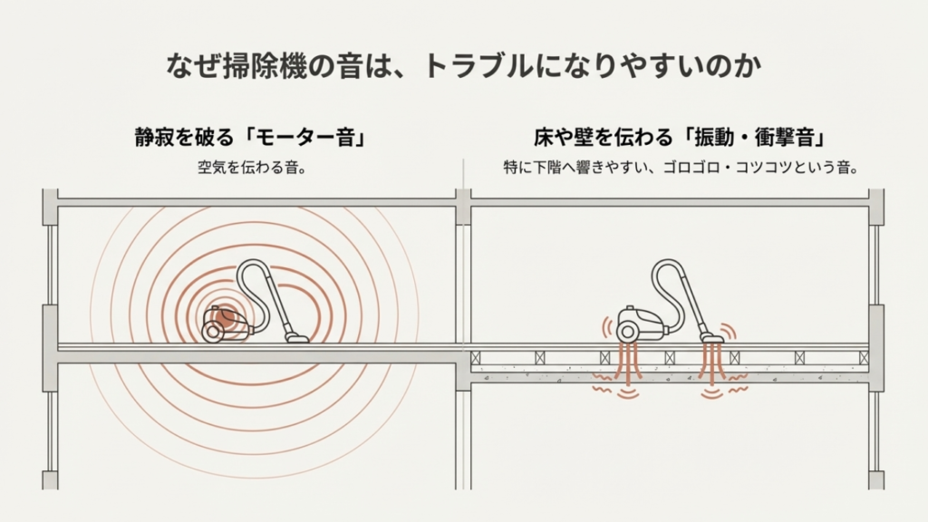 掃除機の音には空気を伝わるモーター音だけでなく、キャスターやヘッドが床に当たる振動・衝撃音（固体音）があり、特に下階へ響きやすいことを示した図解