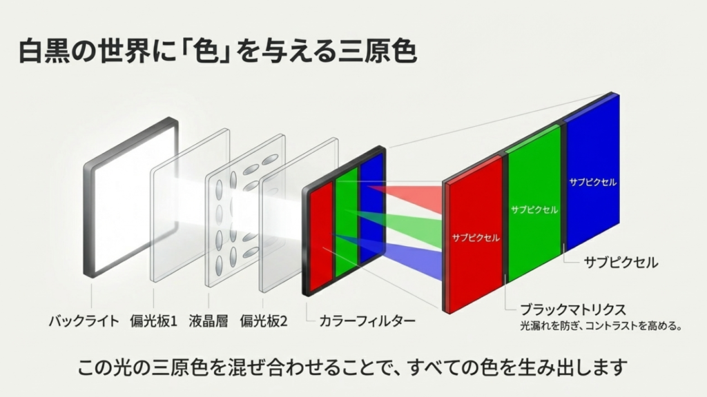 液晶テレビのカラーフィルター構造図。RGBのサブピクセルを透過することで、白色光がカラー映像に変換される仕組み。