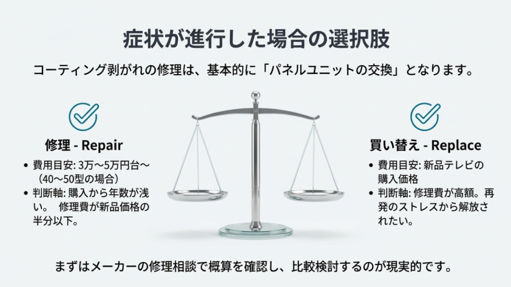 液晶パネルの交換修理にかかる費用目安（3〜5万円）と新品購入価格を天秤にかけ、使用年数やコストパフォーマンスから修理か買い替えかを判断するための比較イメージ。
