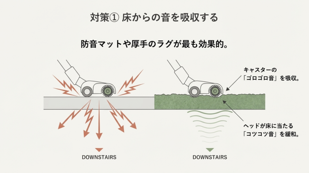 防音マットや厚手のラグを敷くことで、階下に響く掃除機のキャスター音（ゴロゴロ）やヘッドの接触音（コツコツ）を吸収・緩和する効果を示した図