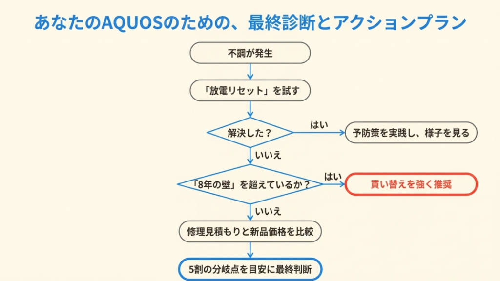 不調発生から放電リセットを試し、解決しない場合は8年の壁や修理費用（5割）を基準に、修理するか買い替えるかを決定するイエス・ノーチャート