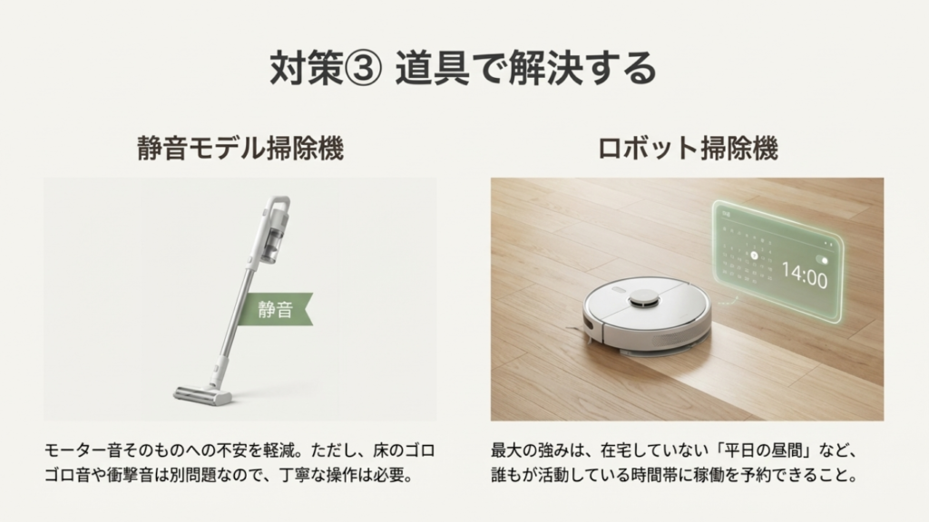 静音モデルのスティック掃除機と、不在時の平日昼間（14:00など）に稼働時間を設定することで騒音トラブルを回避できるロボット掃除機のイメージ図