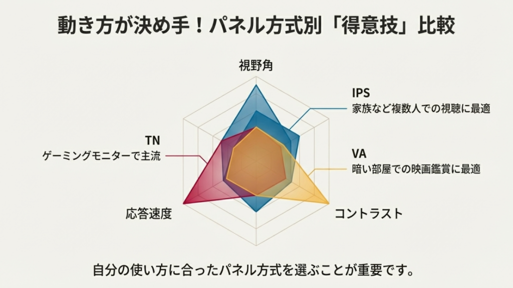 液晶パネル（TN、VA、IPS）の視野角、コントラスト、応答速度の特性を比較したレーダーチャート。