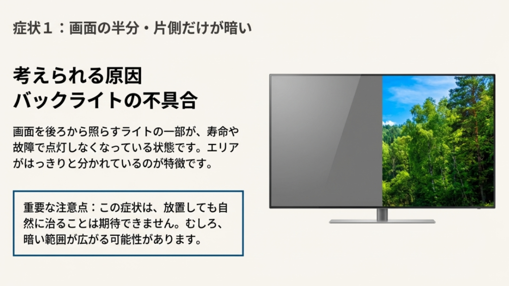 液晶テレビの画面半分や片側だけが暗い症状。エッジ型バックライト故障の特徴的な見た目と原因。