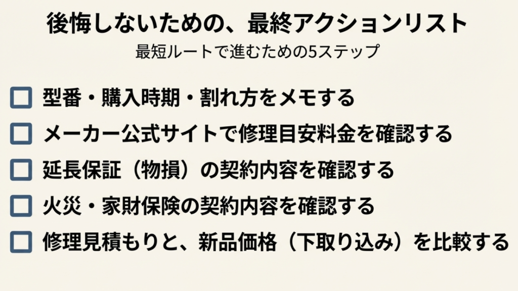 後悔しないためのテレビ修理・買い替えアクションリスト。型番メモ、見積もり確認、保険確認、価格比較の5段階チェックボックス。