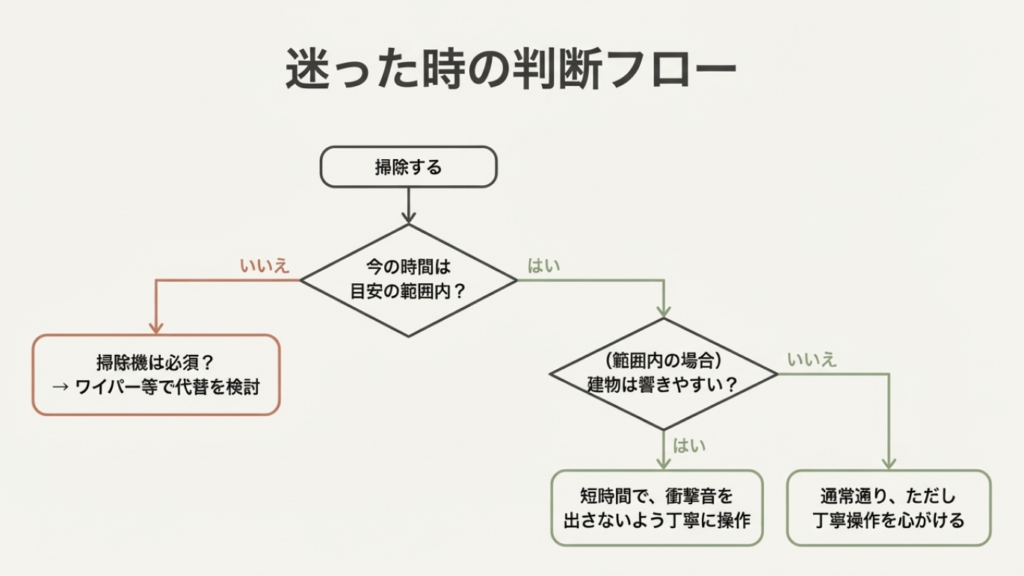 今の時間がマナー範囲内か、建物が響きやすいか、掃除機が必須かを分岐させ、最適な掃除方法（ワイパー代替や丁寧操作など）を導き出すイエス・ノーチャート