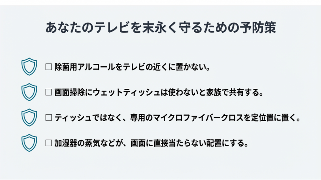 アルコールを近くに置かない、ウェットティッシュを共有しない、加湿器の位置に気をつけるなど、テレビ画面の寿命を延ばすための予防策チェックリスト。