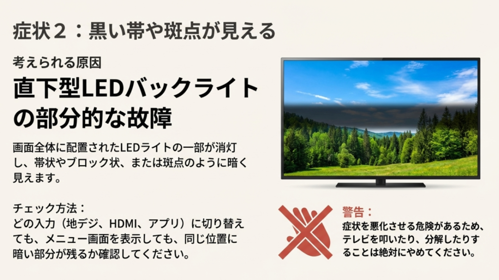テレビ画面に黒い帯や斑点が出る症状。直下型LEDバックライトの一部消灯による故障の見た目とチェック方法。