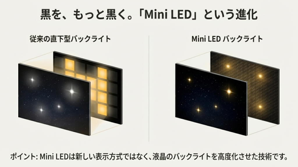液晶テレビのMini LED仕組み図解。従来の直下型バックライトと比較して、LEDが高密度に配置され、細かいエリア制御が可能であることを示す図。