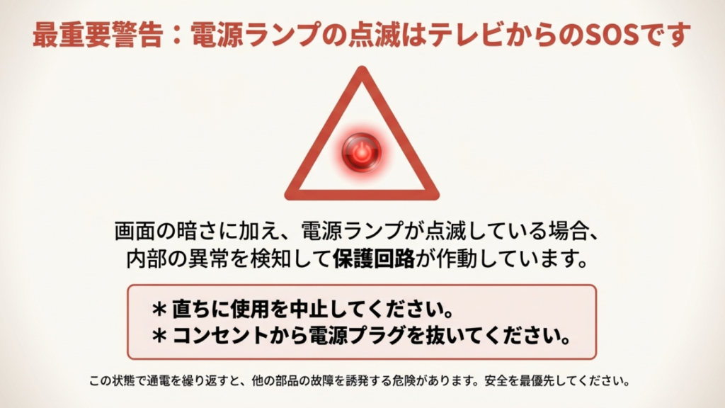 AQUOSの電源ランプが赤点滅している警告表示。内部異常と保護回路作動のサインと対処法。