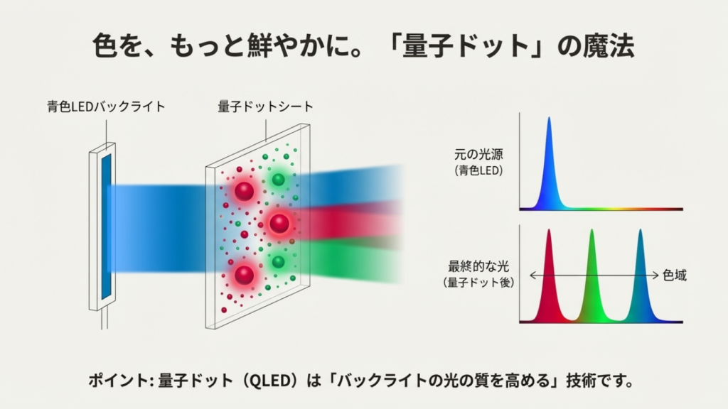 QLEDの仕組み図解。バックライトの青色LED光が量子ドットシートを通り、純度の高い赤・緑・青の光に変換されるスペクトル図。