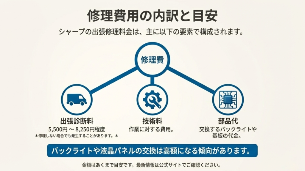 シャープテレビの出張修理費用の内訳。技術料、部品代、出張診断料の概算目安と構成要素。