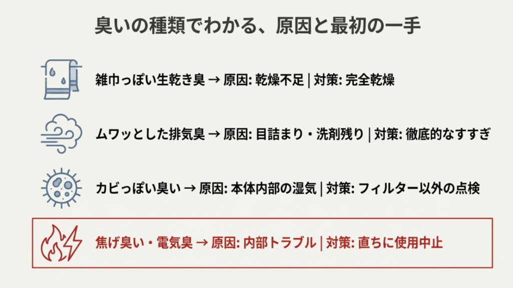 生乾き臭は「乾燥不足」、排気臭は「目詰まり」、焦げ臭さは「故障」など、臭いの種類から原因と対策を判断する診断チャート