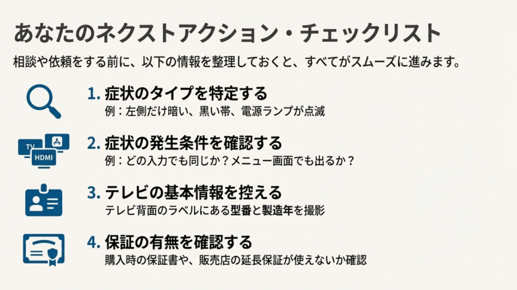 テレビ修理依頼前の事前チェックリスト。症状の特定、型番確認、保証書の有無など準備項目一覧。