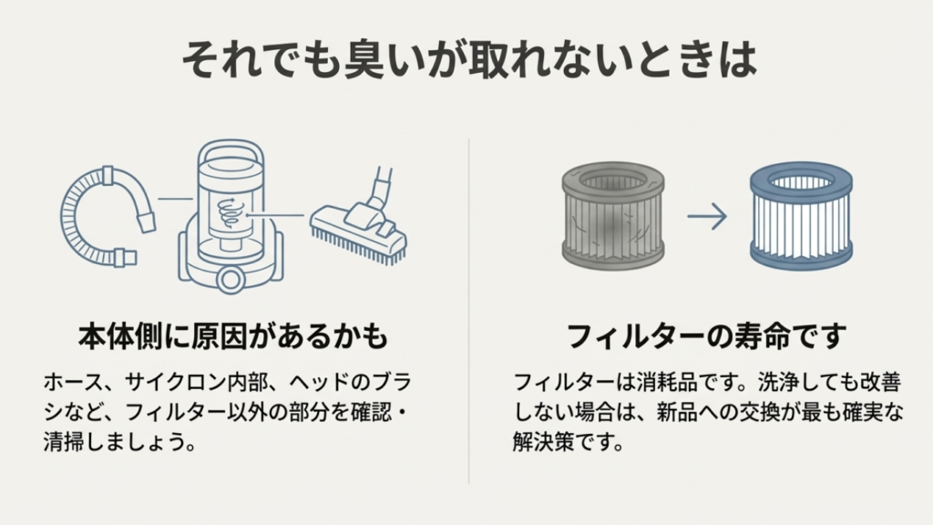 ホース・サイクロン・ヘッドなど掃除機本体側の清掃箇所イラストと、洗浄しても改善しない場合のフィルター交換の目安