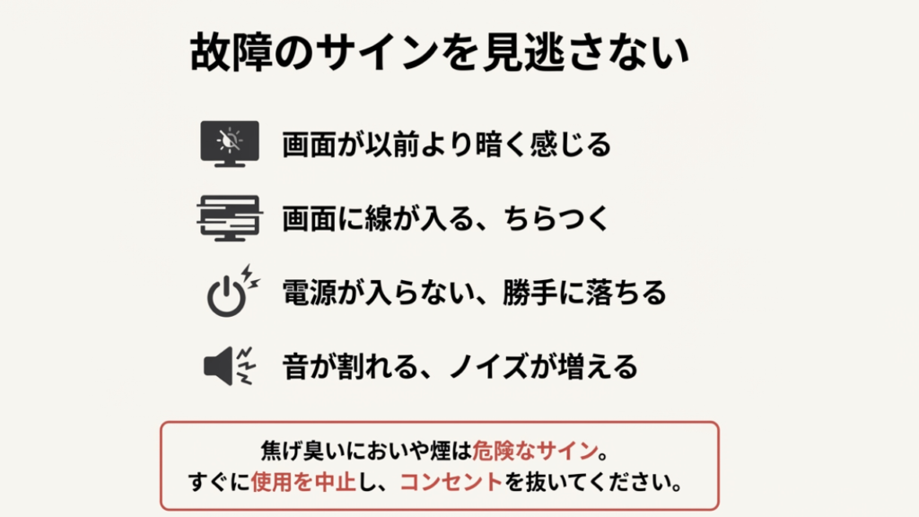 画面が暗い、線が入る、電源が落ちるといったテレビの故障前兆をアイコンで示したリスト