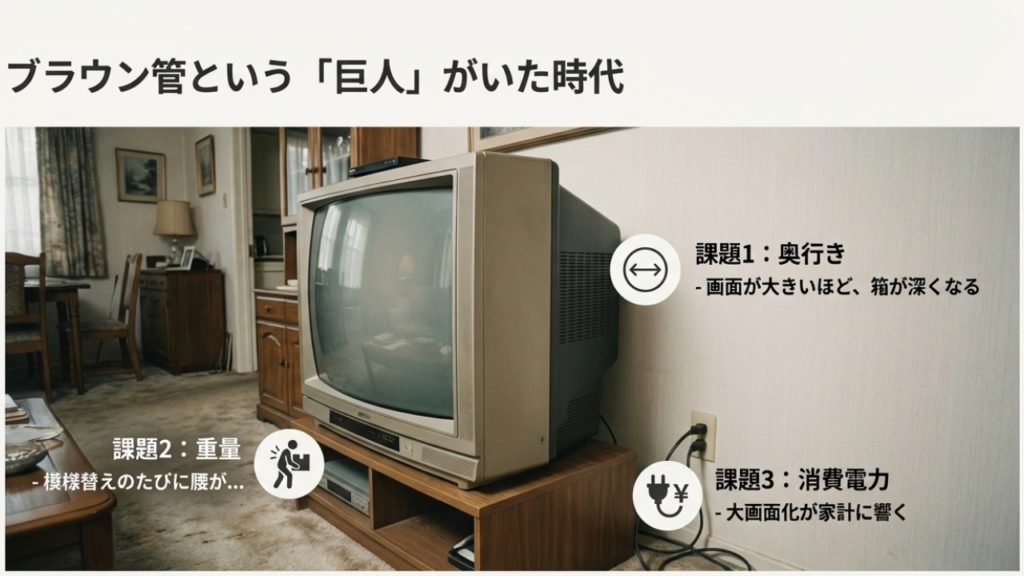 大きなブラウン管テレビの写真と、奥行き・重量・消費電力という3つの課題を示した図解