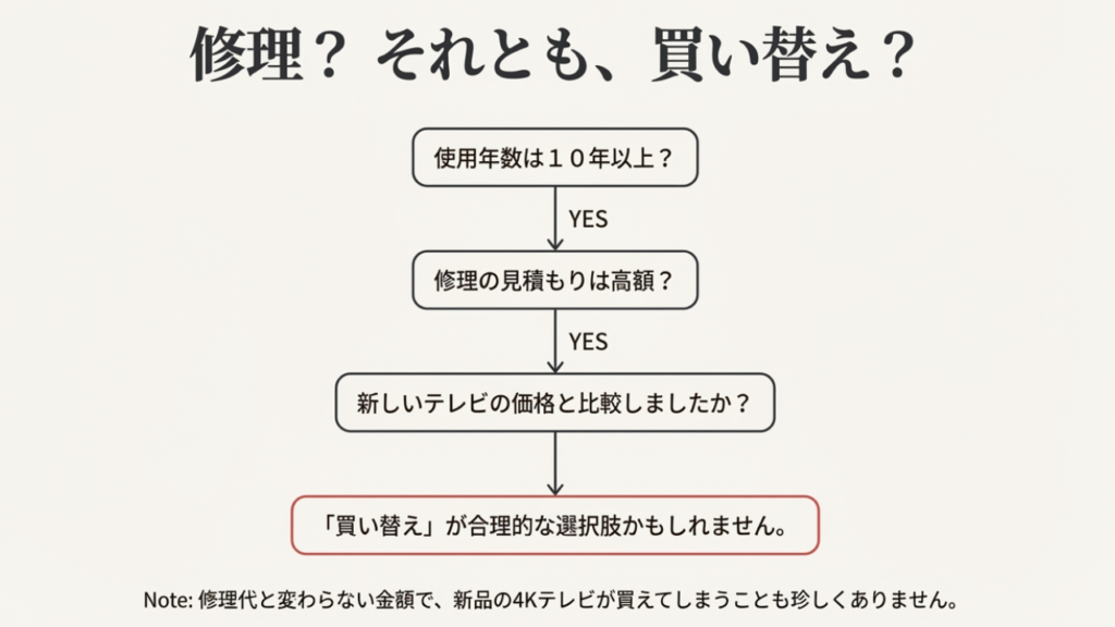 使用年数が10年を超えているか、修理費が高額かなどの質問にYES/NOで答え、買い替えを検討すべきか判断