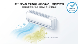 エアコンから酸っぱい臭いが発生するイメージと「故障ではありません」というチェックマークのイラスト。