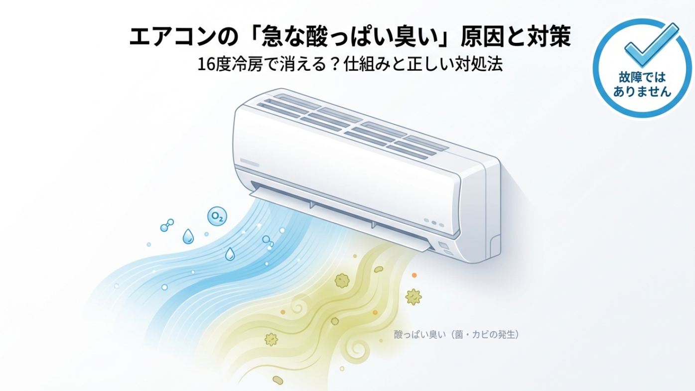 エアコンから酸っぱい臭いが発生するイメージと「故障ではありません」というチェックマークのイラスト。