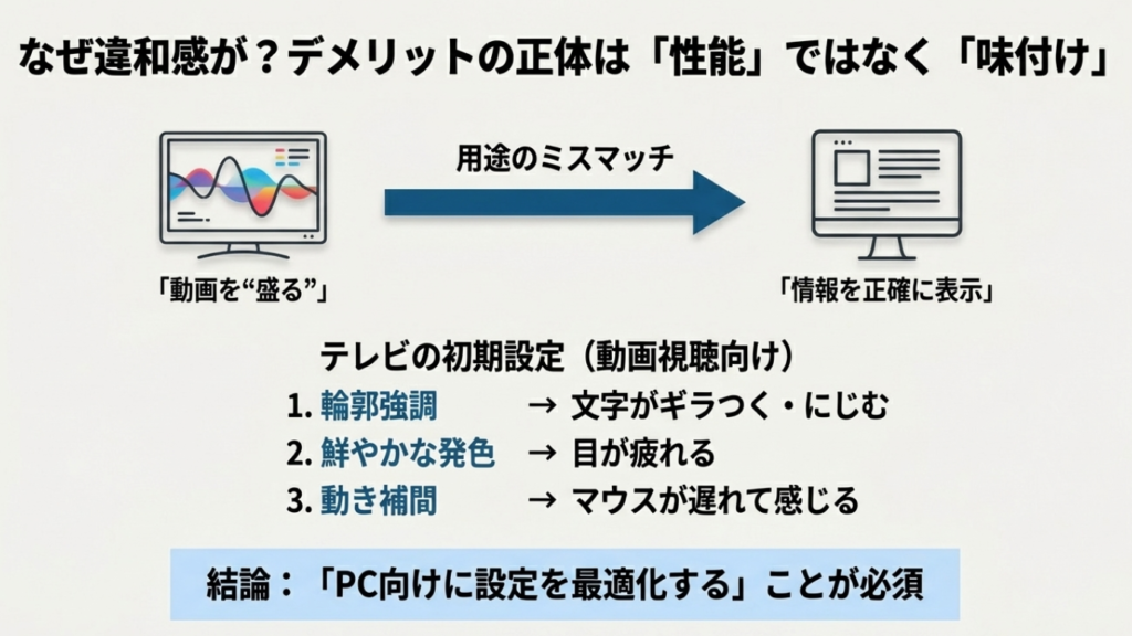 チューナーレステレビをPCモニター代わりにした際のデメリット。輪郭強調や鮮やかな発色、動き補間などのテレビ向け機能が、文字滲みや遅延の原因になる仕組みを図解。
