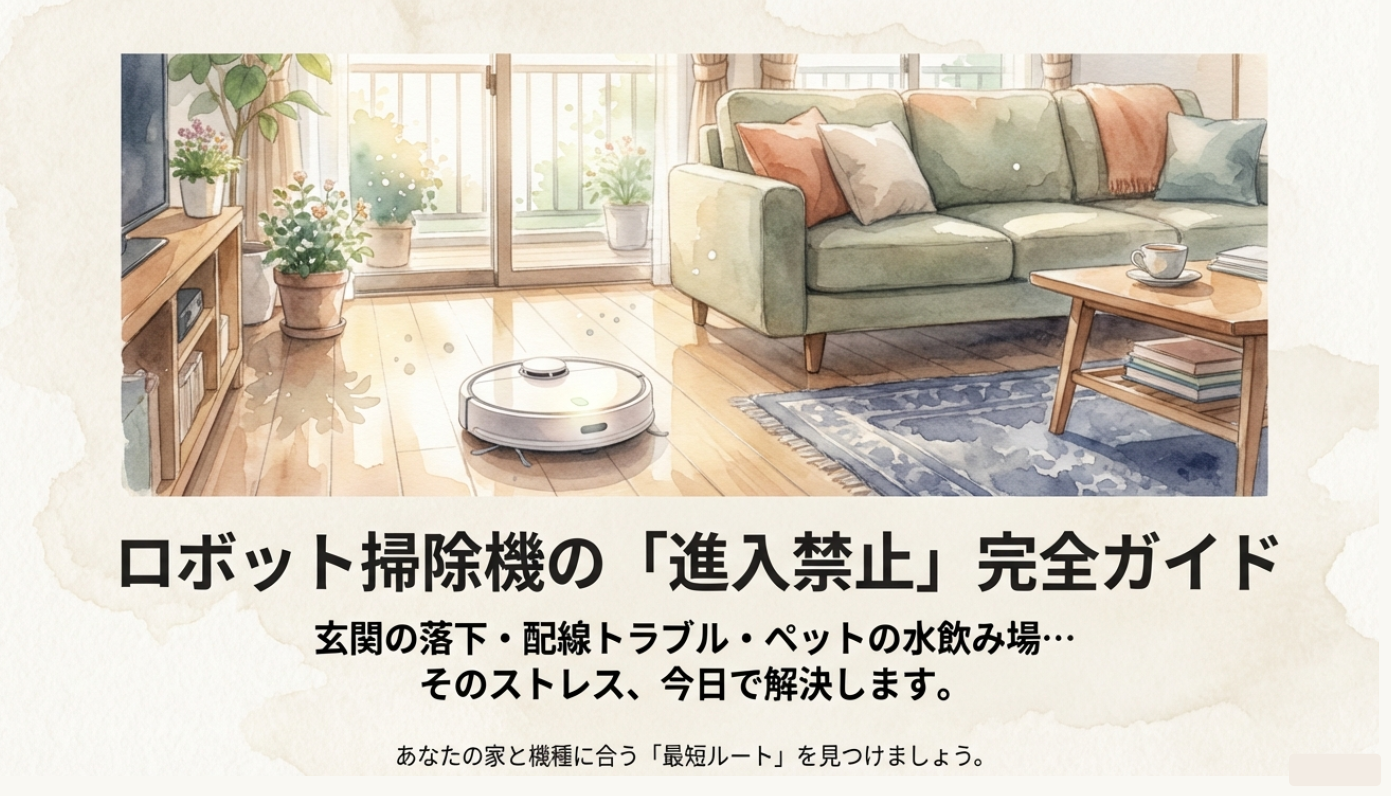 日当たりの良いリビングで稼働するロボット掃除機の水彩風イラスト