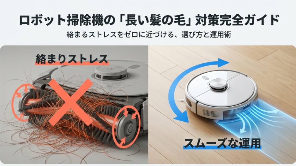 メインブラシに大量の髪の毛が絡まったロボット掃除機と、スムーズに稼働している状態の比較画像。