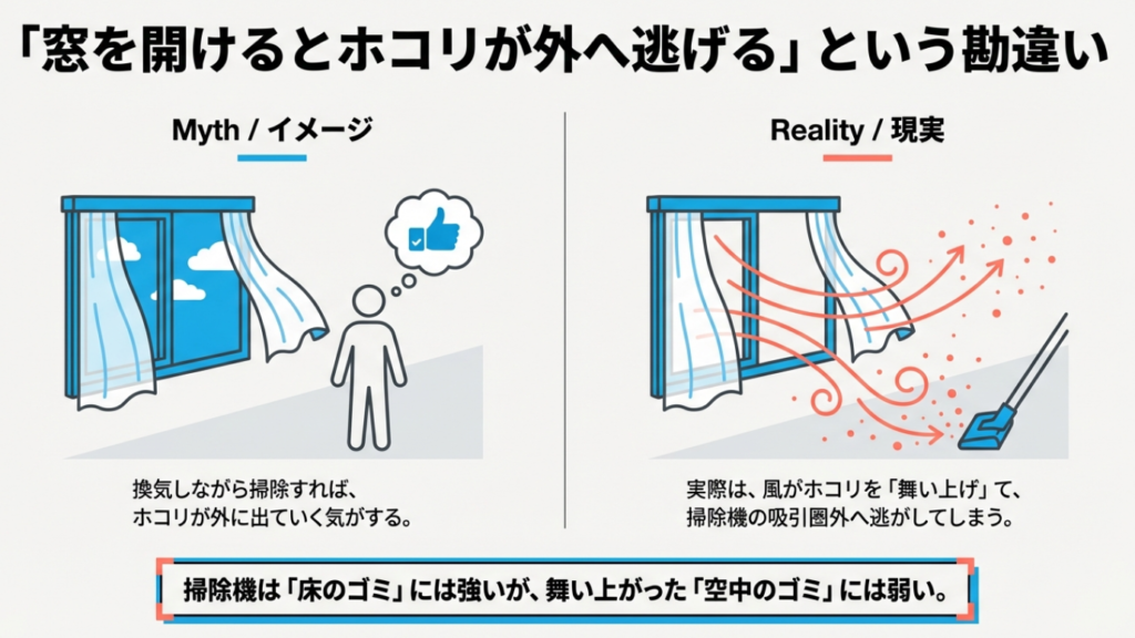 掃除機をかけている最中に窓を開けると、風でホコリが舞い上がり逆効果になる図解