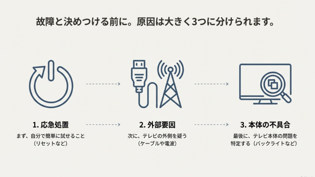 液晶テレビの画面が真っ暗になる3つの原因（応急処置・外部要因・本体不具合）の図解