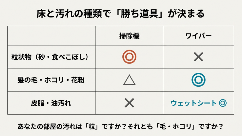 粒状のゴミは掃除機、髪の毛・ホコリはワイパーが適していることを示した比較表。