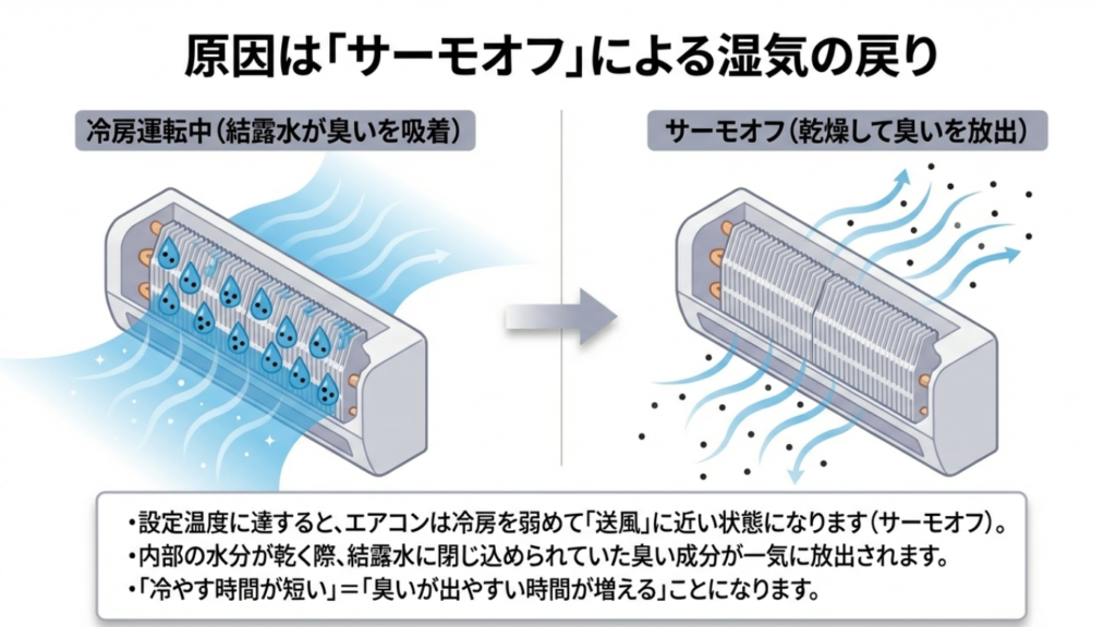 エアコン内部の断面図。冷房運転中は結露水が臭いを吸着し、サーモオフ時は乾燥して臭いを放出する様子の比較図解。