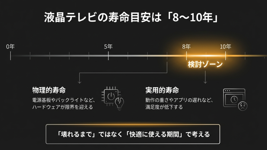 ソニーブラビアの物理的寿命と実用的寿命のタイムライン（8〜10年が検討ゾーン）