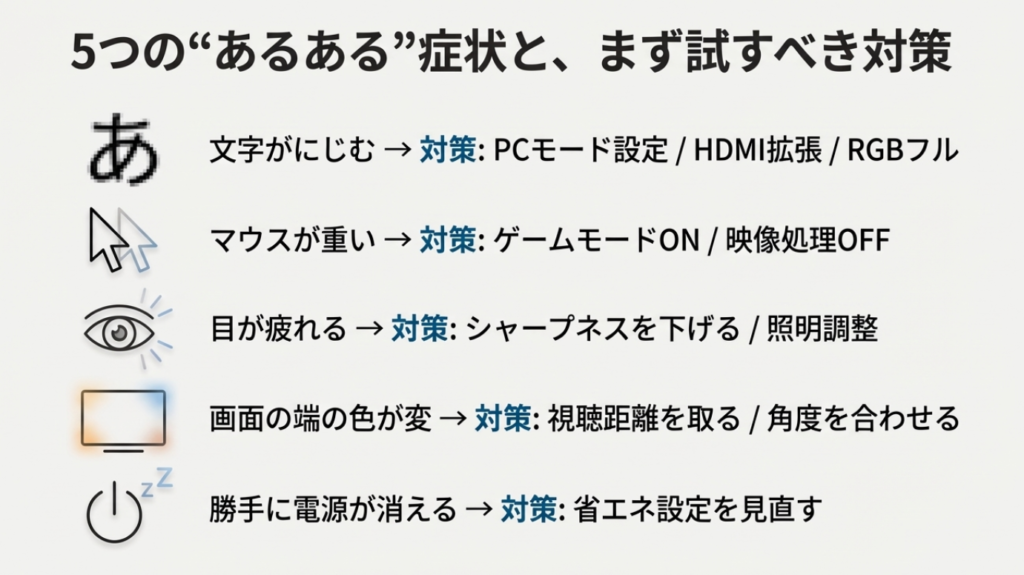 テレビをモニター利用する際の文字滲み、マウス遅延、目の疲れなどのよくある症状と、PCモード設定やシャープネス調整などの対策一覧。