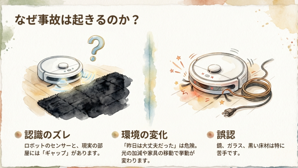 センサーの誤認や環境変化によってロボット掃除機の事故が起きる理由を解説した図